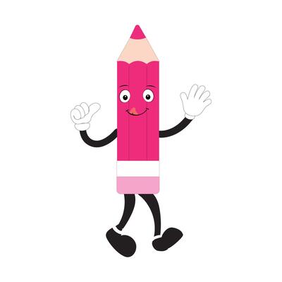 Hand drawn cute illustration school pencil character with smiling face. Flat icon college stationery with rubber in colored doodle style. Education or study sticker, icon. Back to school. Isolated.
