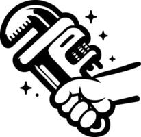 Plumber hand holding wrench in monochrome. Communication professional development. Simple minimalistic in black ink drawing on white background vector