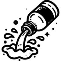 Cool water pours from bottle, splashing drops in monochrome. Plastic bottle pours water. Simple minimalistic in black ink drawing on white background vector