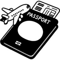 Passenger document for flight in monochrome. Foreign passport and plane tickets. Simple minimalistic in black ink drawing on white background vector