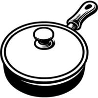 Deep kitchen frying pan covered with a lid in monochrome. Simple minimalistic in black ink drawing on white background vector