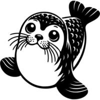 Seal is smiling and looking at camera in monochrome. Seal with white belly and black face. Simple minimalistic in black ink drawing on white background vector