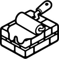Construction roller smoothes putty mortar over brick wall in monochrome. Construction tool for applying putty. Simple minimalistic in black ink drawing on white background vector