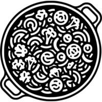Chopped vegetables stewed in frying pan, top view in monochrome. Simple minimalistic in black ink drawing on white background vector