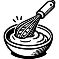 Hand whisk stirs thick cream in cup in monochrome. Simple minimalistic in black ink drawing on white background vector