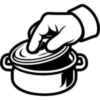 Cook hand lifts lid over pan in monochrome. Simple minimalistic in black ink drawing on white background vector