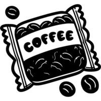 Bag of coffee flavored chewing candies in monochrome. Invigorating coffee dessert. Simple minimalistic in black ink drawing on white background vector