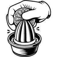 Cook hand squeezes orange juice on juicer in monochrome. Simple minimalistic in black ink drawing on white background vector
