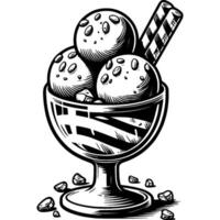 Round vase with portion of ice cream scoops decorated with crispy wafer rolls in monochrome. Icecream frozen dessert. Simple minimalistic in black ink drawing on white background vector