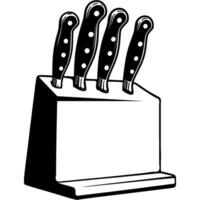 Set of kitchen knives in stand in monochrome. Simple minimalistic in black ink drawing on white background vector