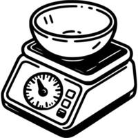 Kitchen scale with deep bowl on top for weighing in monochrome. Simple minimalistic in black ink drawing on white background vector
