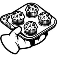 Cook hand holds a tray with fresh baked cakes in monochrome. Simple minimalistic in black ink drawing on white background vector