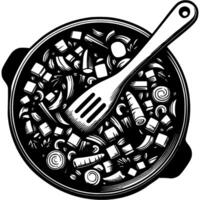Chopped vegetables stewed in frying pan and mixed with wooden spatula in monochrome. Simple minimalistic in black ink drawing on white background vector