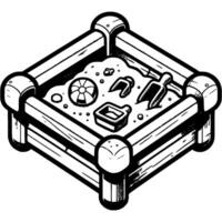 Wooden sandbox filled with sand and toys in monochrome. Children summer playground. Simple minimalistic in black ink drawing on white background vector