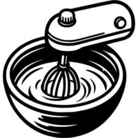 Mixer beats cream in deep bowl in monochrome. Simple minimalistic in black ink drawing on white background vector