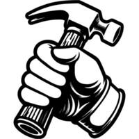 Builders hand dressed in protective glove holds hammer in monochrome. Double hammer with nail puller in hand of installer. Simple minimalistic in black ink drawing on white background vector