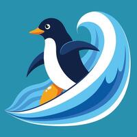 Solid color penguin surfing in wave with lines wave art style illustration design vector