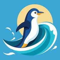Solid color penguin surfing in wave with lines wave art style illustration design vector