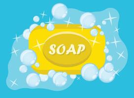 Bar of soap with foam icon in flat style. Cosmetic product for hygienic illustration on isolated background. Toiletries sign business concept. vector