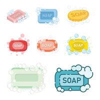 Bar of soap with foam icon set in flat style. Cosmetic product for hygienic illustration on isolated background. Toiletries sign business concept. vector