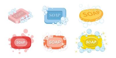 Bar of soap with foam icon set in flat style. Cosmetic product for hygienic illustration on isolated background. Toiletries sign business concept. vector