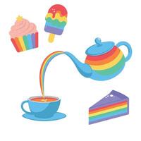 Rainbow sweets, a cake, ice cream, a piece of cake. A teapot, a cup and a saucer. A rainbow teapot pours tea into a tea mug with a saucer. vector