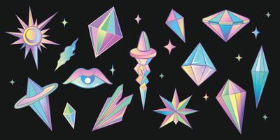 Set of colored crystals. Holographic stickers. Bundle elements of glossy iridescent. vector