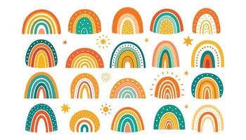 Set of doodles, rainbows, sun with clouds and flowers in retro boho style. Baby stickers, scrapbook icons, vector