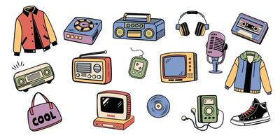 Set of 90s 00s retro devices in modern memphis style. Vintage audio player, cassette, old pc, floppy disk, mobile telephone, skate, game console illustration. Nostalgia for 1990s. vector