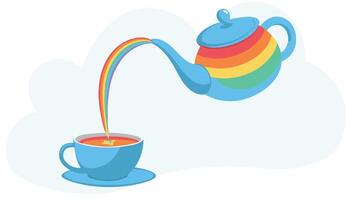 Rainbow tea. A teapot, a cup and a saucer. A rainbow teapot pours tea into a tea mug with a saucer. compositions depicting a tea party. vector