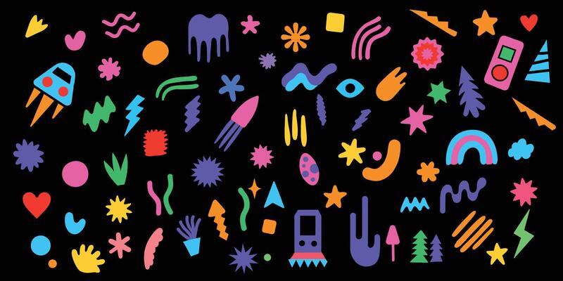 Abstract shapes sticker pack. Groovy funky flower, bubble, star, loop, waves in trendy retro 90s 00s cartoon style. illustration with design elements.