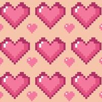 Geek Pixel hearts for Valentine's Day seamless pattern. Pixel hearts background in retro game style. template vector