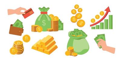 Different types of money. Money bag with banknotes. Symbol of wealth, success and good luck. Bank and Finance. vector
