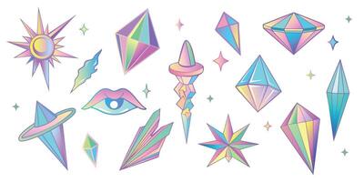 Set of colored crystals. Holographic stickers. Bundle elements of glossy iridescent. vector