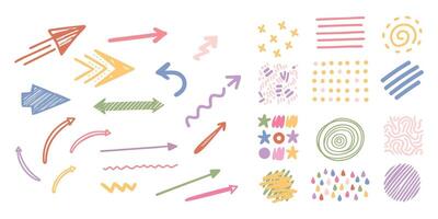 Arrow doodle. Abstract line pencil colorful isolated elements for presentation, brush curve icon, spiral hand texture, cartoon twist, grunge sketch square stroke, sign simple. garish art vector