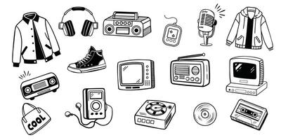 Set of 90s 00s retro devices in modern memphis style. Vintage audio player, cassette, old pc, floppy disk, mobile telephone, skate, game console illustration. Nostalgia for 1990s. vector