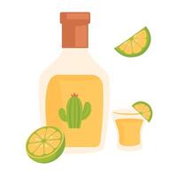 Bottle of tequila with cactus and lime. illustration vector