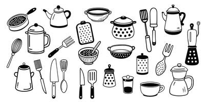 Kitchen utensils set in doodle style. Hand drawn sketches of different cooking tools. Black and white objects on isolated background. vector