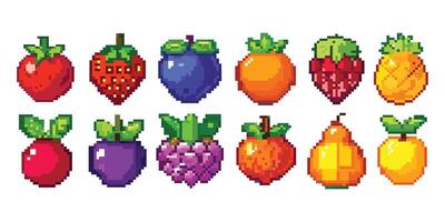 A big set of pixel fruits, berries and vegetables. 8-bit icons in the old style. Apple, pear, plum, pineapple, tomato, raspberry, strawberry, grape and other images on a white background. vector