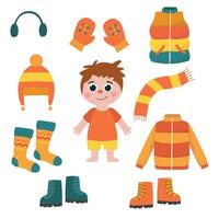 A child and a set of winter clothes. vector