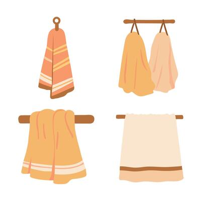 Bath towels illustrations set. Clean towels bundle isolated on white background. Domestic hygiene accessories, stacked rolled and hanging colorful hand towels.