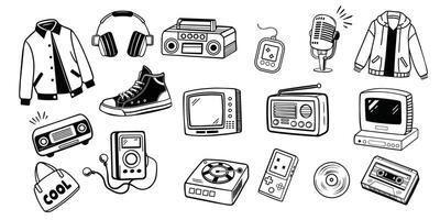 Set of 90s 00s retro devices in modern memphis style. Vintage audio player, cassette, old pc, floppy disk, mobile telephone, skate, game console illustration. Nostalgia for 1990s. vector