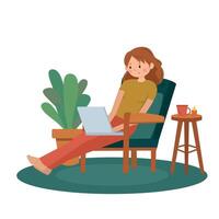A girl with a laptop. The girl in the chair. Work at home. Stay at home. Remote work vector