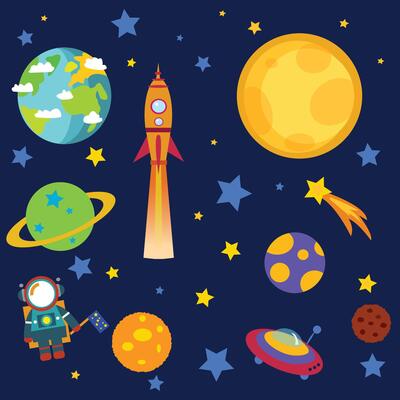 Outer space. stars, moon, planets and an astronaut.