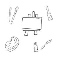 A set of doodle drawings is an artist's set of palettes for drawing, brushes and paints on a white background. vector