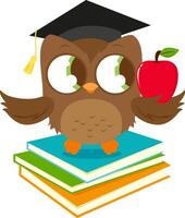 Cute owl bird wise professor with a mortarboard hat, sitting on a stack of books and holding a red apple. Owl teacher bird and in the school classroom. vector