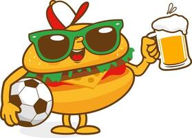 Cartoon hamburger character holding a glass of beer and a soccer ball. Fast food burger character with drink. vector