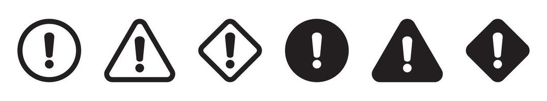 Alert icon. Warning sign and symbol. Exclamation mark in triangle, circle and rombus. vector