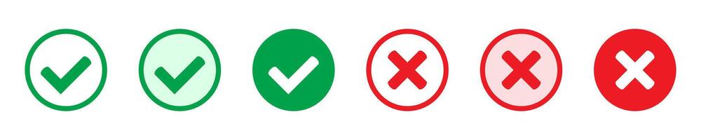 Right or wrong icons. Green tick and red cross checkmarks. Yes or no symbol, approved or rejected icon for user interface. vector