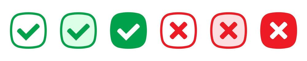 Right or wrong icons. Green tick and red cross checkmarks. Yes or no symbol, approved or rejected icon for user interface. vector